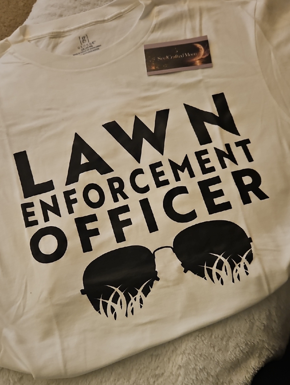 George White Short Sleeve Tee with Black Lawn Enforcement Officer Graphic